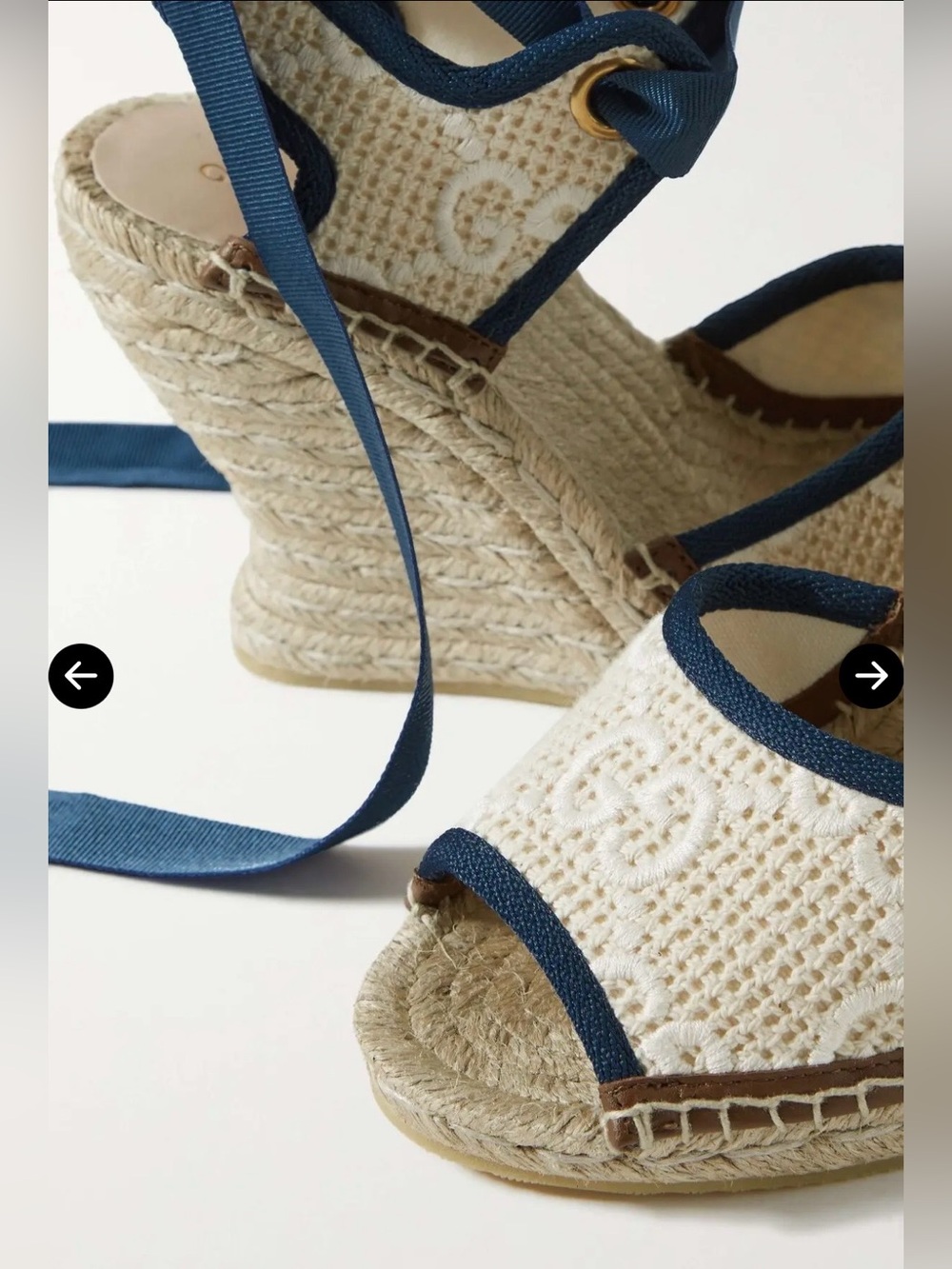 GUCCI GG logo canvas crocheted espadrilles wedges sandals blue cream jute 38 new - Picture 15 of 16